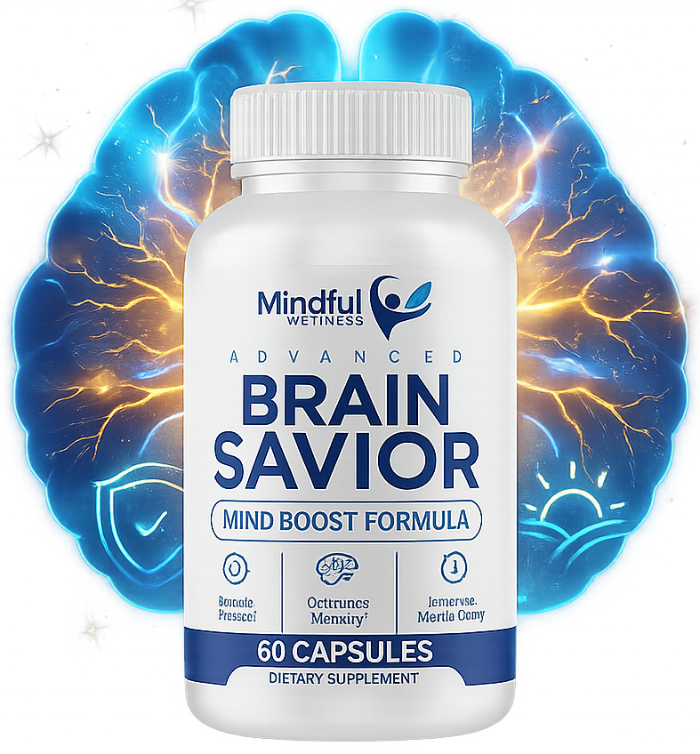 Brain Savior bottle with glowing neural connections, shield and sun icons, promoting cognitive health and memory support