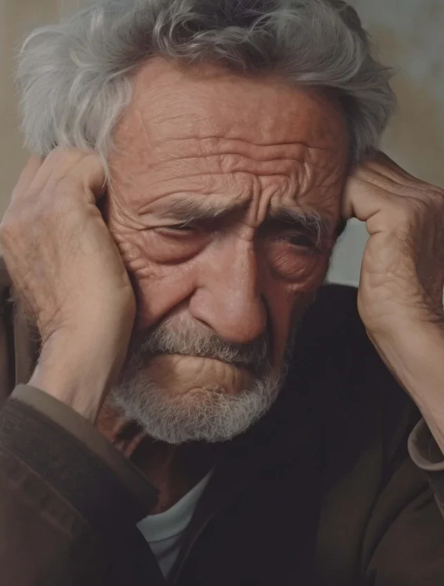 Person with hands on head, worried about memory loss, seeking brain health improvement